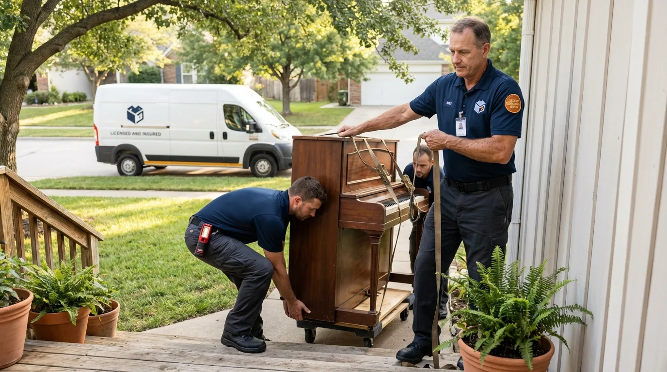 Licensed piano movers securing grand piano in Watertown, CT