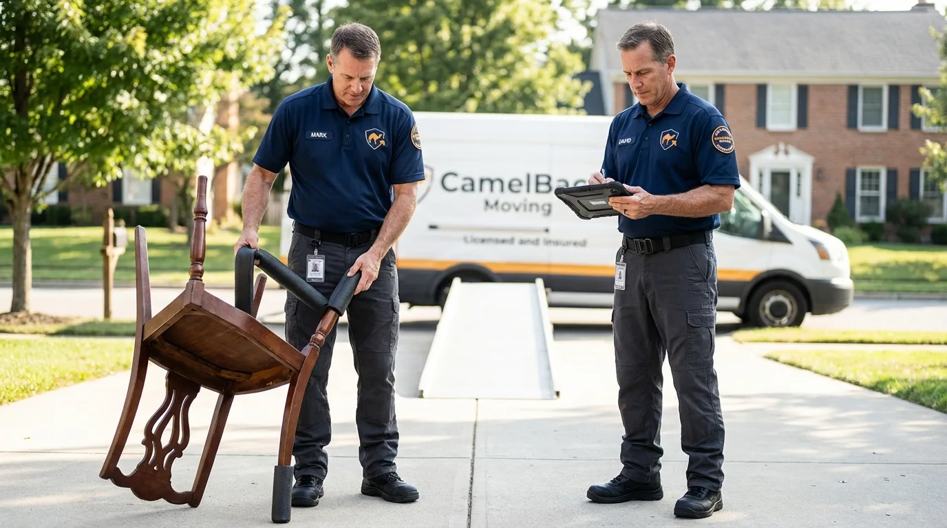 Movers inspecting furniture for damage prevention before loading in Watertown, CT
